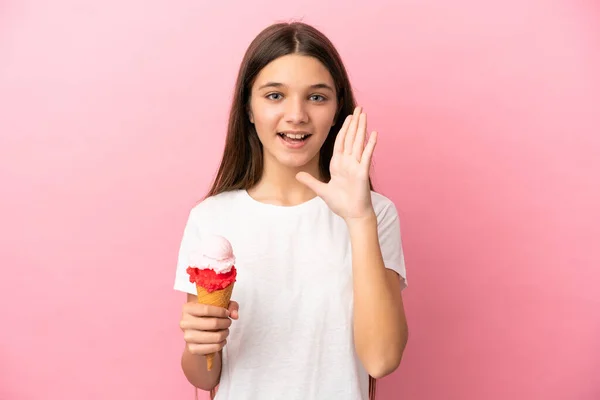 Little Girl Cornet Ice Cream Isolated Pink Background Shouting Mouth — ストック写真
