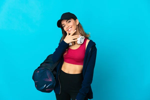 Young Sport Woman Sport Bag Isolated Blue Background Happy Smiling — Φωτογραφία Αρχείου
