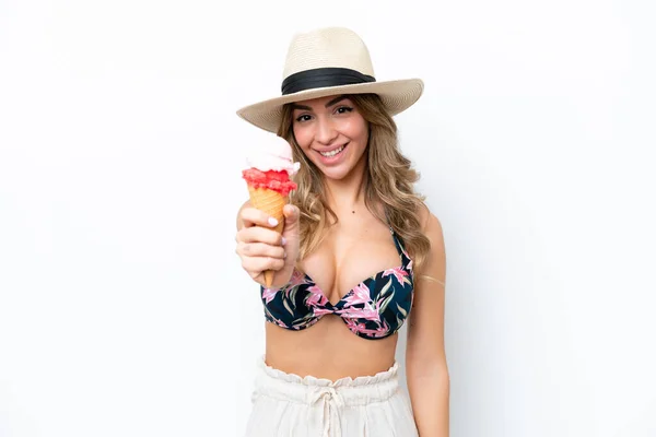 Girl Wearing Swimsuit Holding Cornet Ice Cream Isolated White Background — 스톡 사진