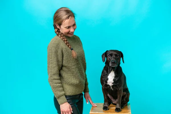 Young Caucasian Woman Her Dog Isolated Blue Background Happy Expression — Stock Photo, Image