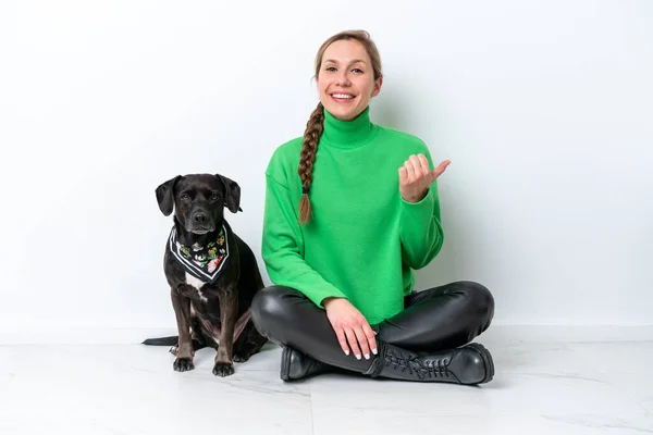 Young Caucasian Woman Sitting Floor His Puppy Isolated White Background — 스톡 사진