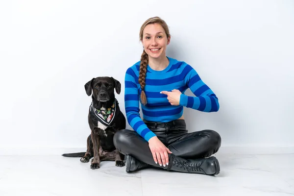 Young Caucasian Woman Sitting Floor His Puppy Isolated White Background — 스톡 사진