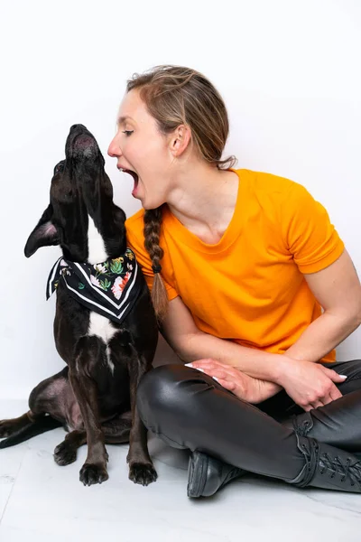 Köpeğiyle izole edilmiş geçmişi olan beyaz bir kadın.