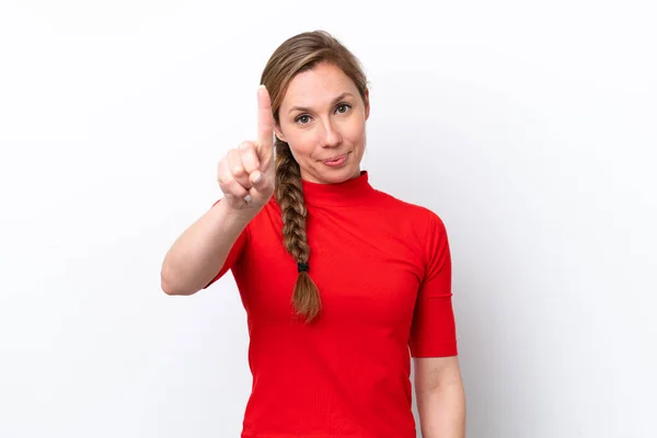 Jonge Kaukasische Vrouw Geïsoleerd Witte Achtergrond Tonen Heffen Van Een — Stockfoto