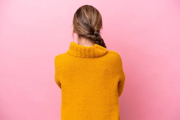 Young Caucasian Woman Isolated Pink Background Back Position — Stock Photo, Image