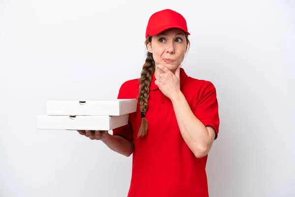 Pizza Delivery Woman Work Uniform Picking Pizza Boxes Isolated White — ストック写真