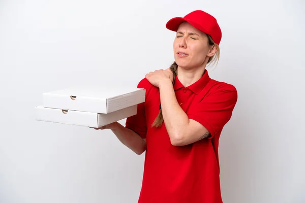 Pizza Dodávka Žena Pracovní Uniformou Vyzvednutí Krabice Pizzy Izolované Bílém — Stock fotografie