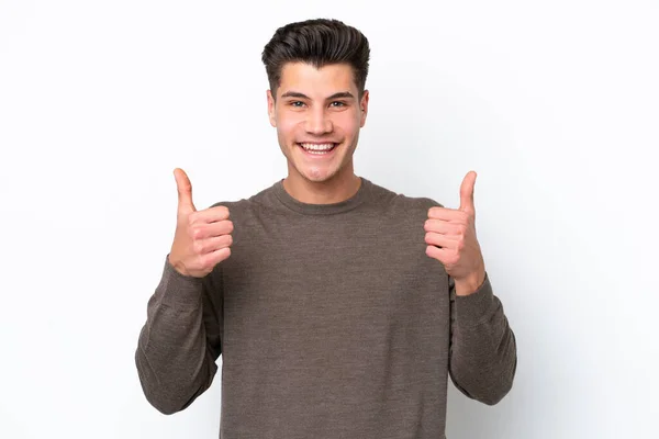 Young Handsome Caucasian Man Isolated White Bakcground Thumbs Gesture Smiling — стоковое фото