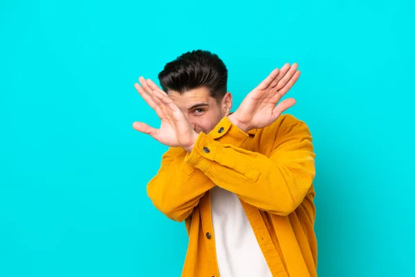 Young Handsome Caucasian Man Isolated Blue Bakcground Nervous Stretching Hands — Stock fotografie