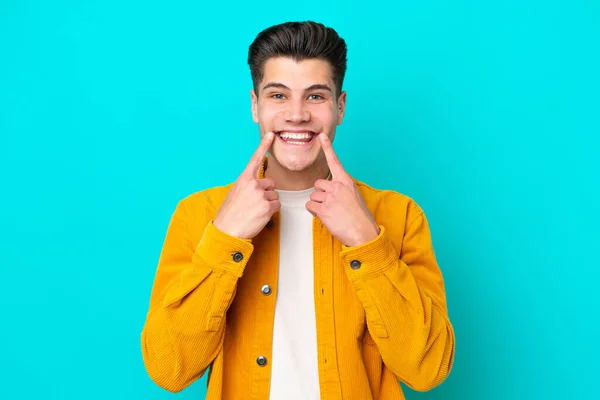 Young Handsome Caucasian Man Isolated Blue Bakcground Smiling Happy Pleasant — Stockfoto