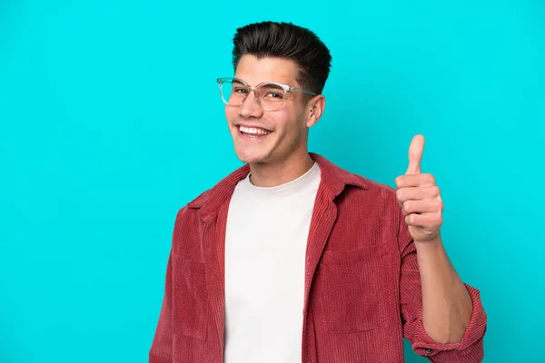 Young Handsome Caucasian Man Isolated Blue Bakcground Glasses Thumb — Stok fotoğraf