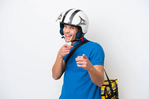 Young Caucasian Man Thermal Backpack Isolated White Background Pointing Front — Foto de Stock