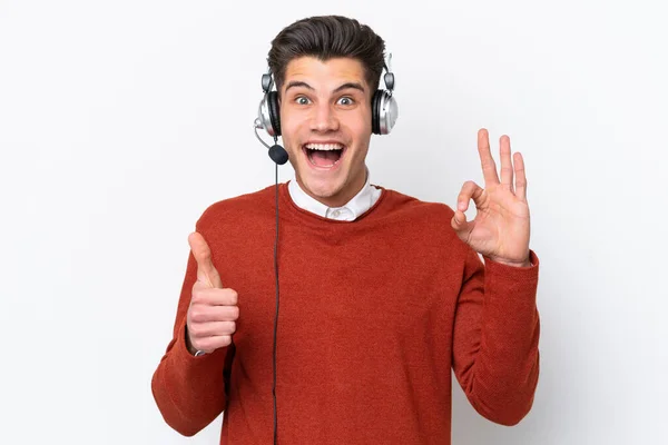 Telemarketer Caucasian Man Working Headset Isolated White Background Showing Sign — 스톡 사진