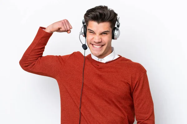 Telemarketer Caucasian Man Working Headset Isolated White Background Doing Strong — Φωτογραφία Αρχείου