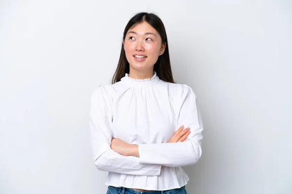 Young Chinese Woman Isolated White Background Looking While Smiling — 图库照片