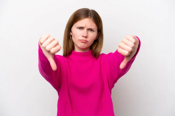 Young English Woman Isolated White Background Showing Thumb Two Hands — Stock Photo, Image