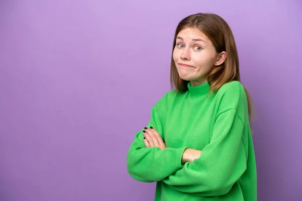 Young English Woman Isolated Purple Background Making Doubts Gesture While — Stockfoto