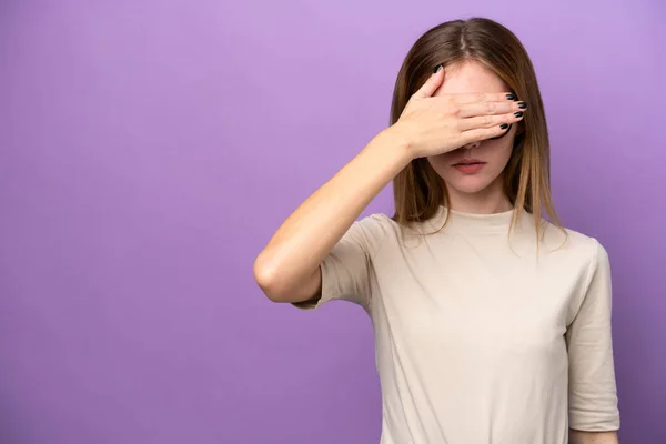Young English Woman Isolated Purple Background Covering Eyes Hands Want — Stok fotoğraf