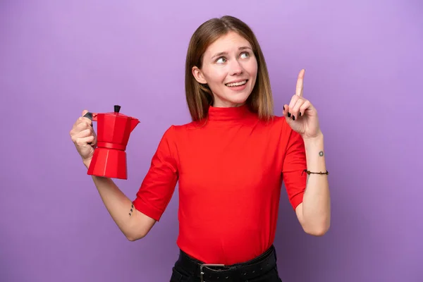 Young English Woman Holding Coffee Pot Isolated Purple Background Intending — Foto Stock