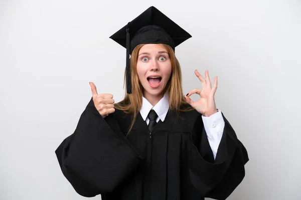 Young University Graduate English Woman Isolated White Background Showing Sign — Stock Fotó