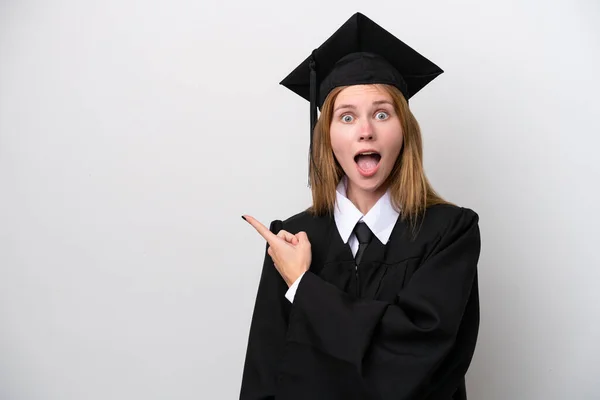 Young University Graduate English Woman Isolated White Background Surprised Pointing — Φωτογραφία Αρχείου