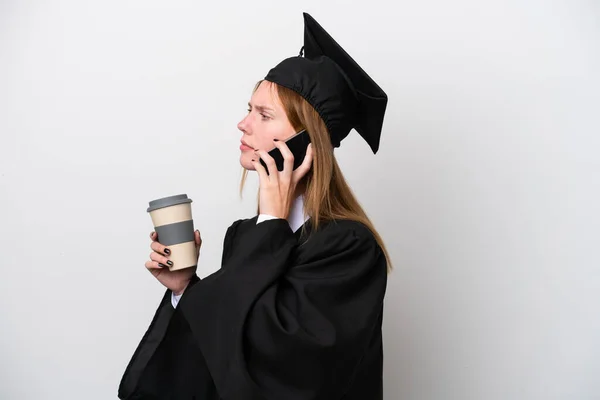 Mladá Univerzita Absolvent Angličtina Žena Izolované Bílém Pozadí Držení Kávy — Stock fotografie