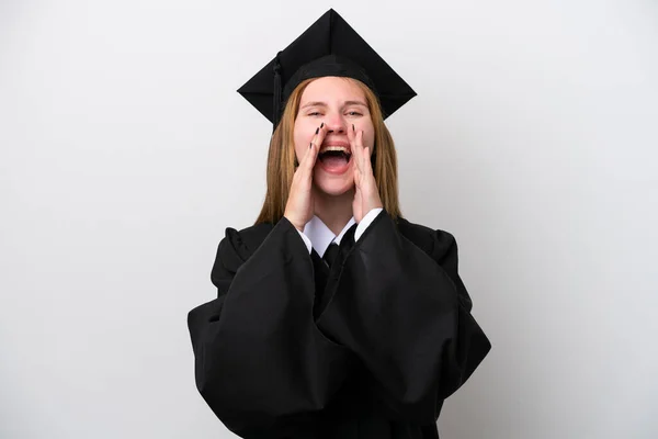 Mladá Univerzita Absolvent Angličtina Žena Izolované Bílém Pozadí Křičí Oznamuje — Stock fotografie