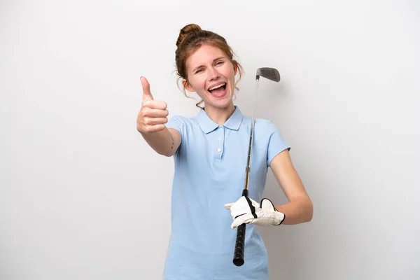 Jeune Femme Anglaise Jouant Golf Isolé Sur Fond Blanc Avec — Photo