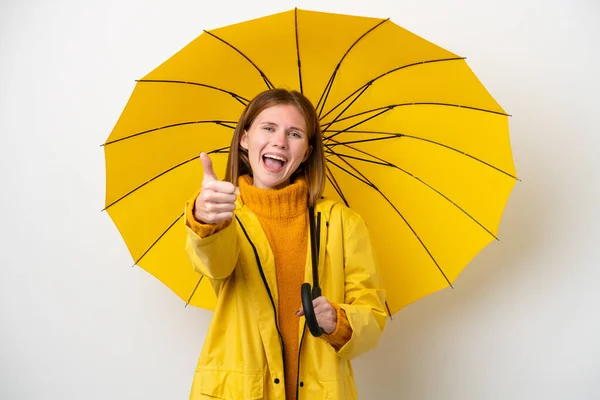 Young English Woman Rainproof Coat Umbrella Isolated White Background Thumbs — Foto de Stock