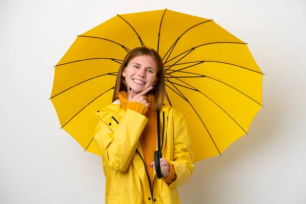 Young English Woman Rainproof Coat Umbrella Isolated White Background Happy —  Fotos de Stock