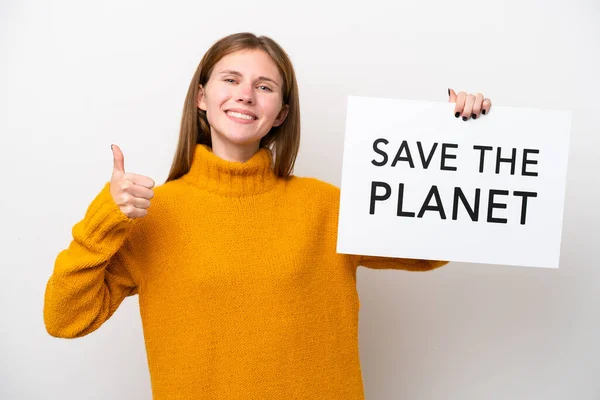 Young English Woman Isolated White Background Holding Placard Text Planet — ストック写真