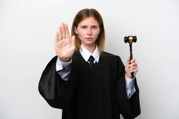 Judge English Woman Isolated White Background Making Stop Gesture — Stock Photo, Image