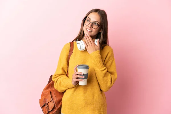 Young Student Woman Isolated Pink Background Looking While Smiling — Zdjęcie stockowe