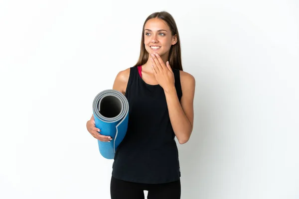 Sport Woman Going Yoga Classes While Holding Mat Isolated White — Foto Stock