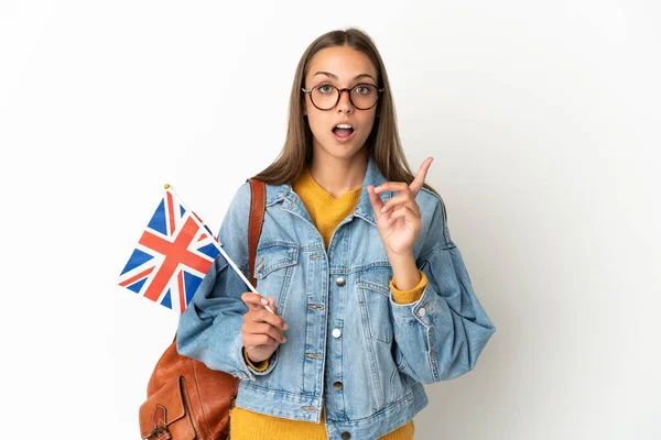 Young Hispanic Woman Holding United Kingdom Flag Isolated White Background — Stock fotografie