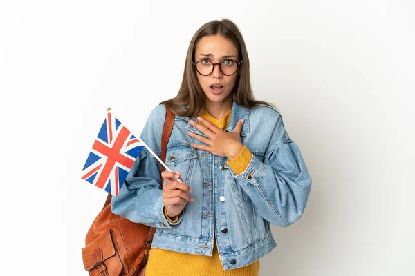 Young Hispanic Woman Holding United Kingdom Flag Isolated White Background — 图库照片