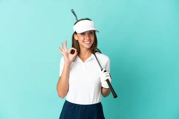 Woman Playing Golf Isolated Blue Background Showing Sign Fingers — ストック写真