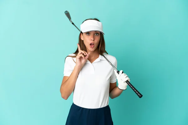 Woman Playing Golf Isolated Blue Background Intending Realizes Solution While — 图库照片