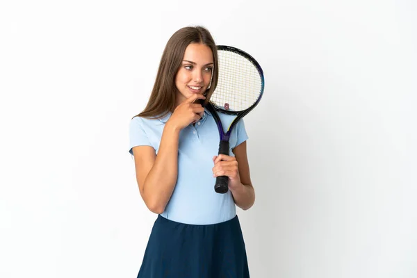 Woman Playing Tennis Isolated White Wall Looking Side Smiling — Fotografia de Stock