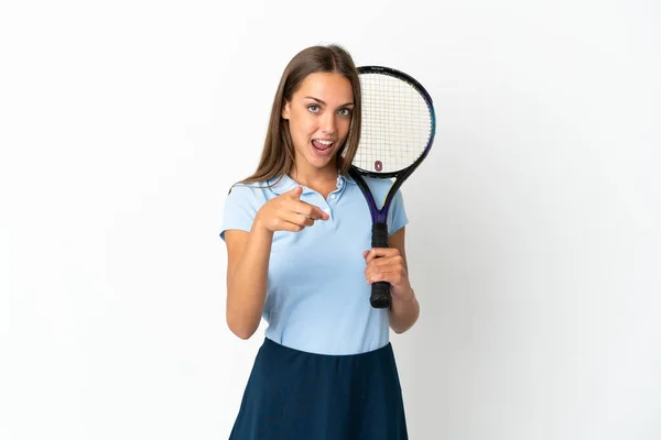 Woman Playing Tennis Isolated White Wall Surprised Pointing Front — Foto Stock