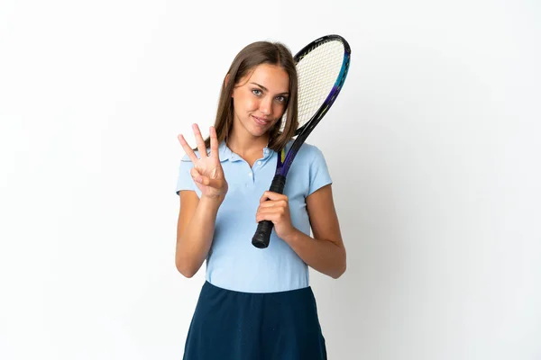 Woman Playing Tennis Isolated White Wall Happy Counting Three Fingers — Fotografia de Stock