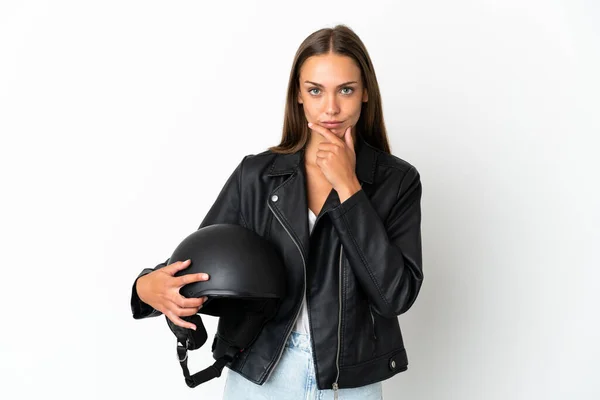 Woman Motorcycle Helmet Isolated White Background Thinking — Foto de Stock