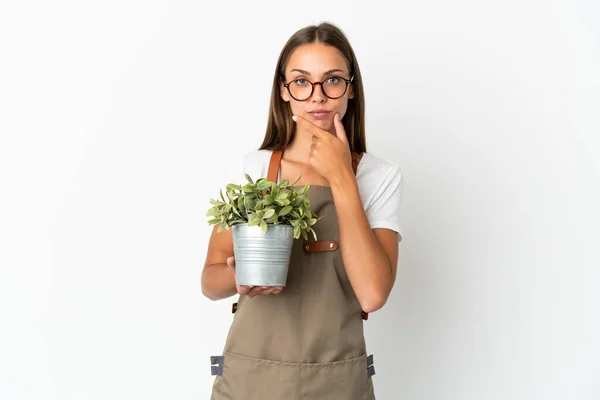 Gardener Girl Holding Plant Isolated White Background Thinking — Stockfoto