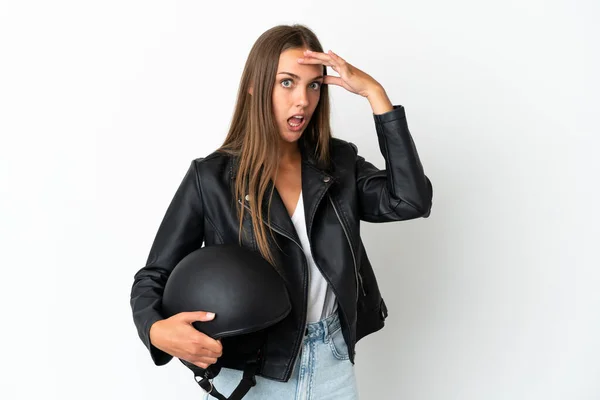 Woman Motorcycle Helmet Isolated White Background Doing Surprise Gesture While — Φωτογραφία Αρχείου