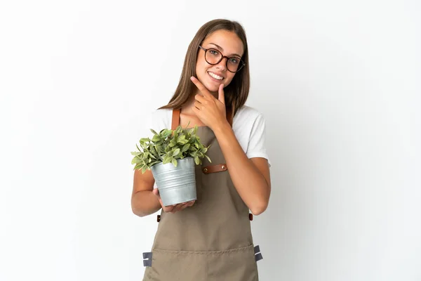 Gardener Girl Holding Plant Isolated White Background Happy Smiling — Fotografia de Stock