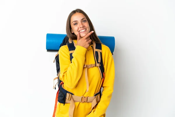 Young Mountaineer Woman Big Backpack Isolated White Background Happy Smiling — Fotografia de Stock