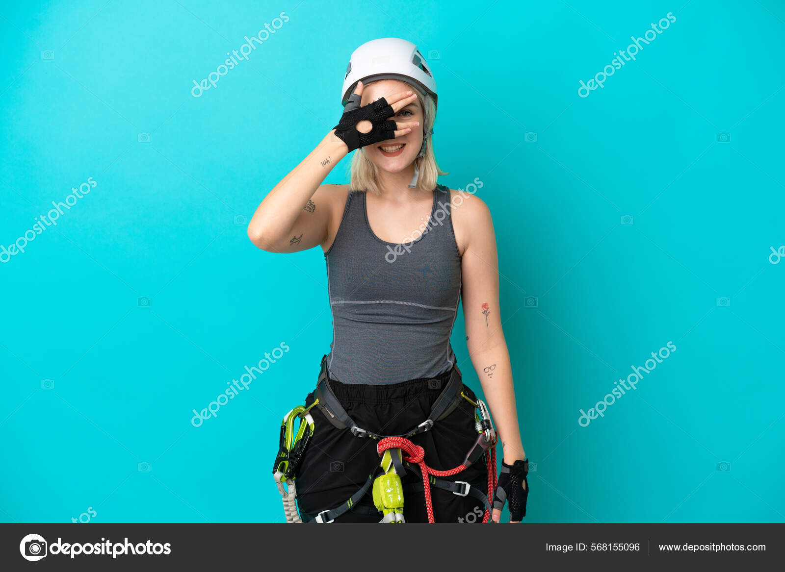 Young Caucasian Rock Climber Woman Isolated White Background.