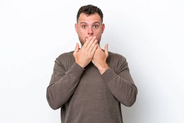 Jeune Homme Brésilien Isolé Sur Fond Blanc Couvrant Bouche Avec — Photo