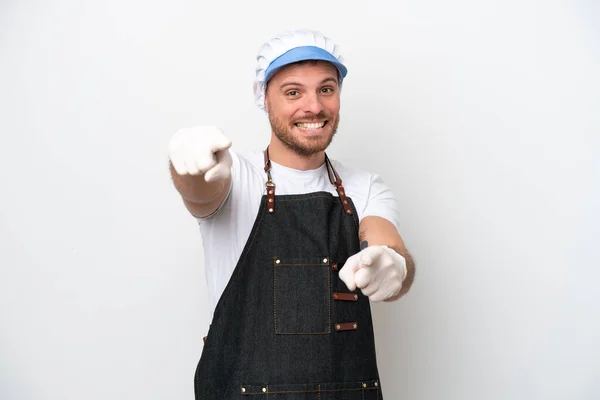 Fishmonger Man Wearing Apron Isolated White Background Points Finger You — Zdjęcie stockowe