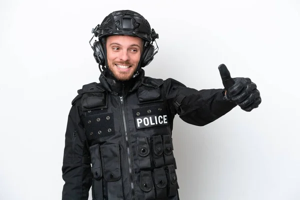 Brazilian Soldier Man Isolated White Background Giving Thumbs Gesture — Foto de Stock